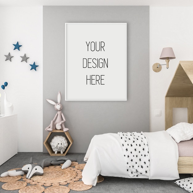 Poster mockup, cameretta con cornice verticale bianca, interni scandinavi