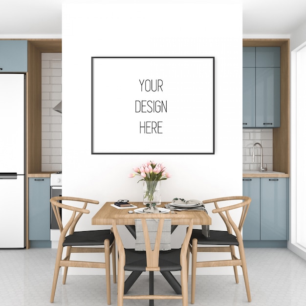 Mockup di poster, cucina con cornice orizzontale