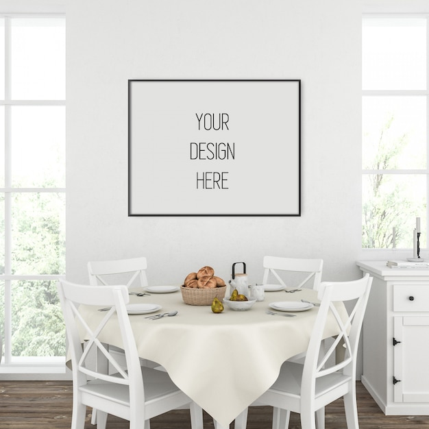 PSD poster mockup, kitchen with horizontal frame