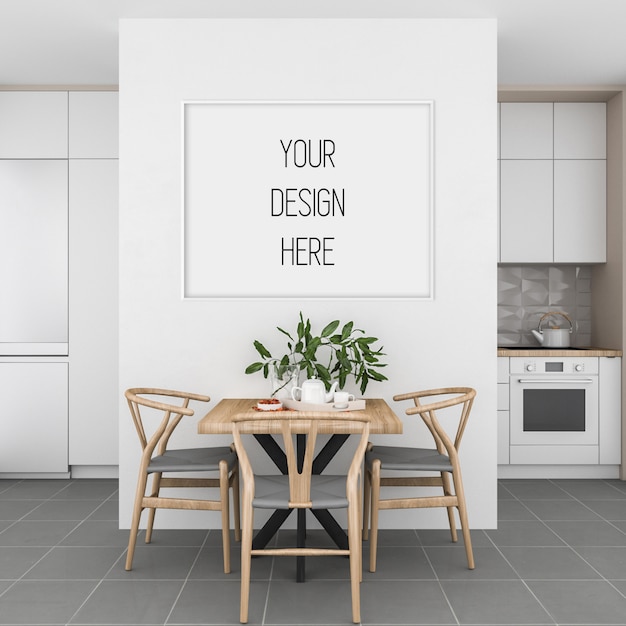 PSD poster mockup, kitchen with horizontal frame