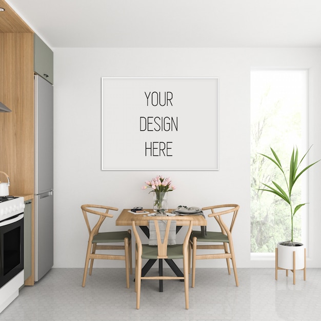 PSD poster mockup, kitchen with horizontal frame