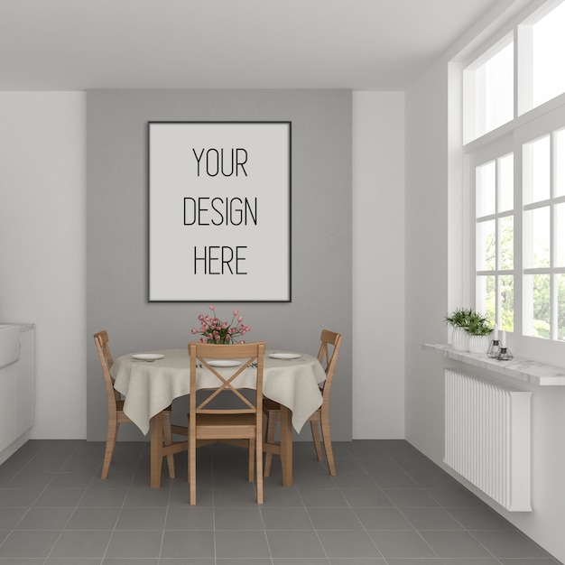 Poster mockup, kitchen with vertical frame, scandinavian interior