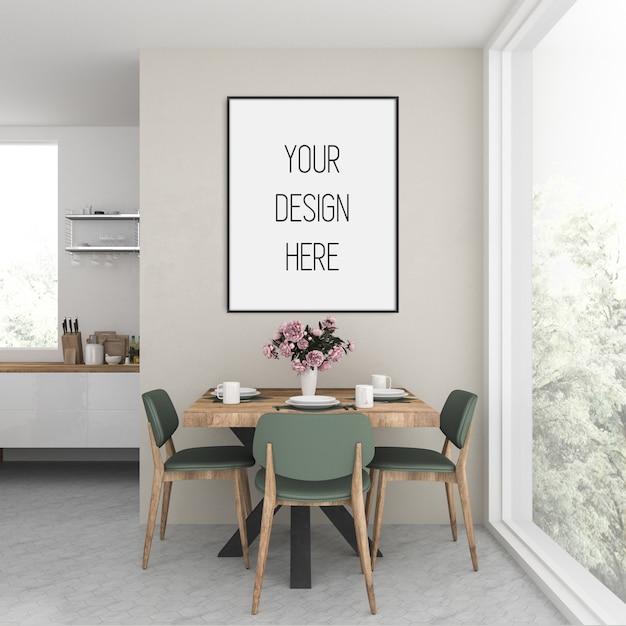 Mockup di poster, cucina con cornice verticale