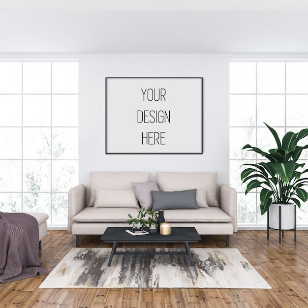 poster mockup, living room with horizontal frame