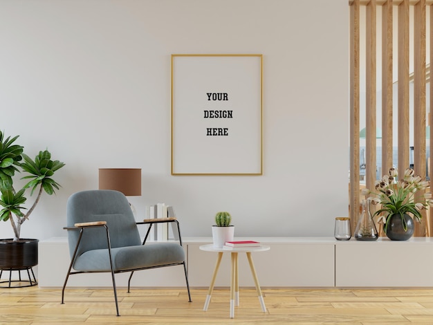 Poster mockup met verticale frames op lege muur in woonkamer interieur met roze fluwelen fauteuil. 3D-weergave