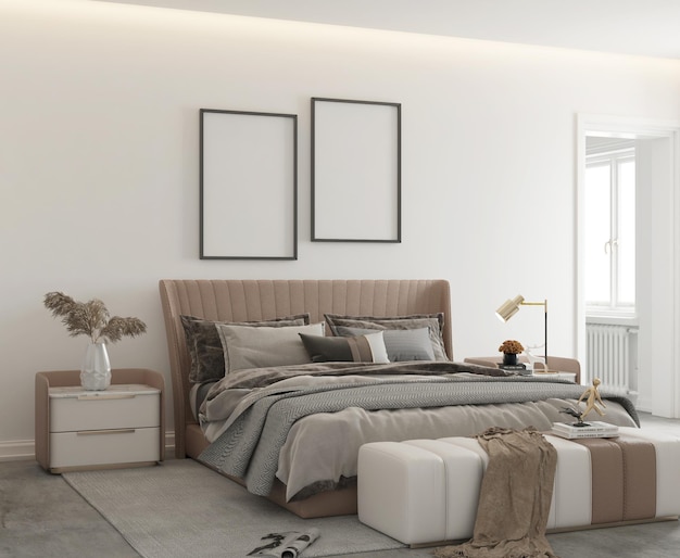 PSD poster mockup in modern minimalist bedroom design