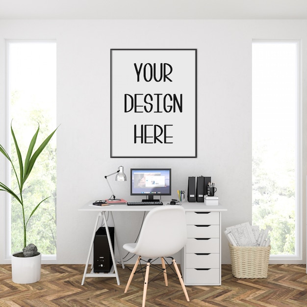 Poster mockup, scandinavian home office interior