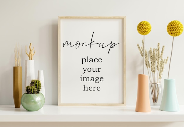 Poster mockup with vertical wooden frame in home interior background