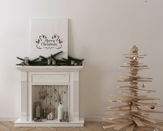 Poster mockup with wooden christmas tree, decoration and presents
