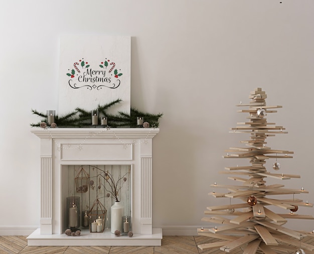 木製のクリスマスツリー、装飾、プレゼントのポスターモックアップ