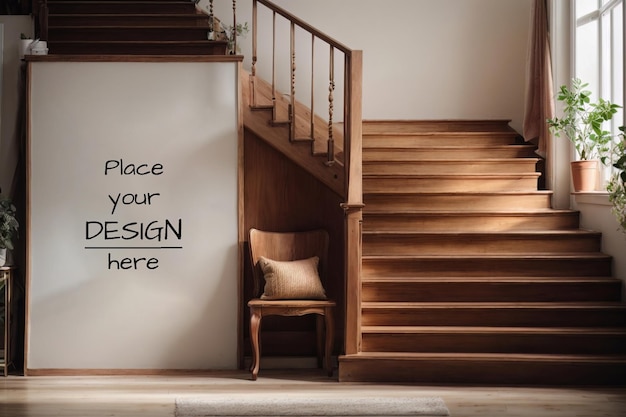 Poster mockup with wooden stair