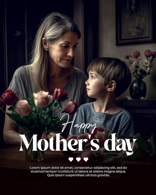 A poster for mother's day with a mother and her son