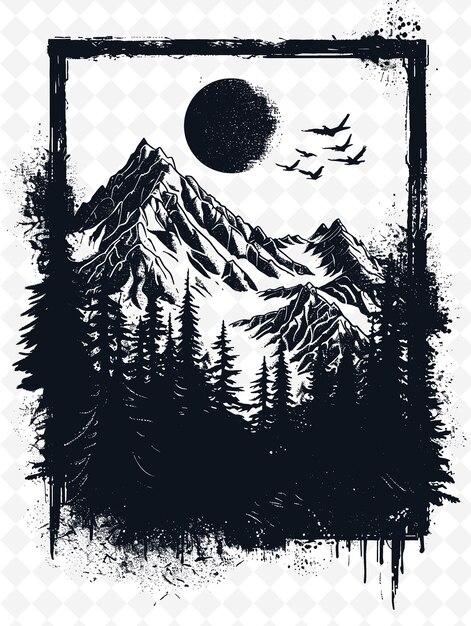 PSD a poster for a mountain landscape with a forest and birds flying in the background