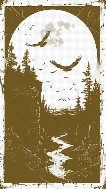 PSD a poster for a mountain river with birds flying above it