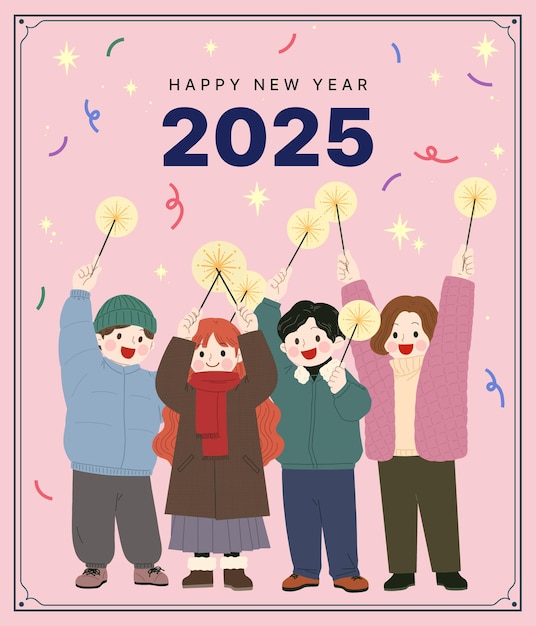 불꽃놀이를 들고 있는 한 무리의 사람들이 새해를 기념하는 포스터와 새해를 축하하는 표지판
