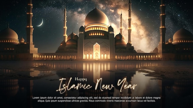 A poster for a new year with a mosque in the background.