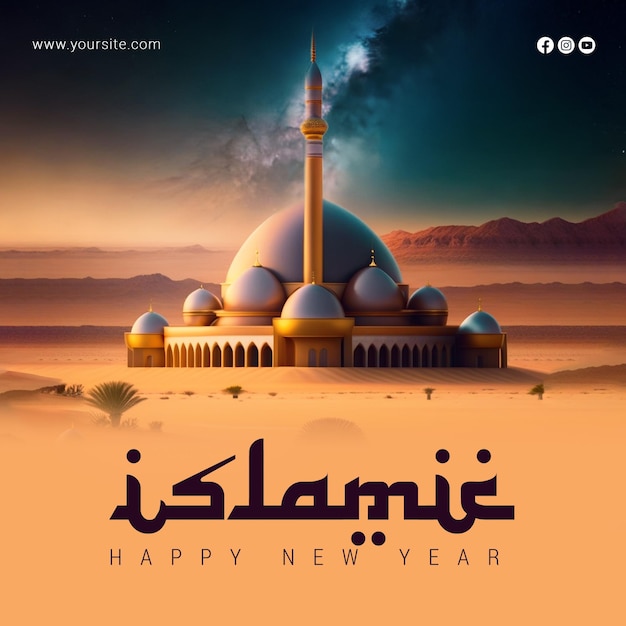 PSD a poster for a new year with a mosque in the middle.