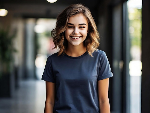 PSD 스마트 폰 을 사용 하여 티셔츠 를 입고 서 있는 미소 짓는 십대 여자 의 포스터