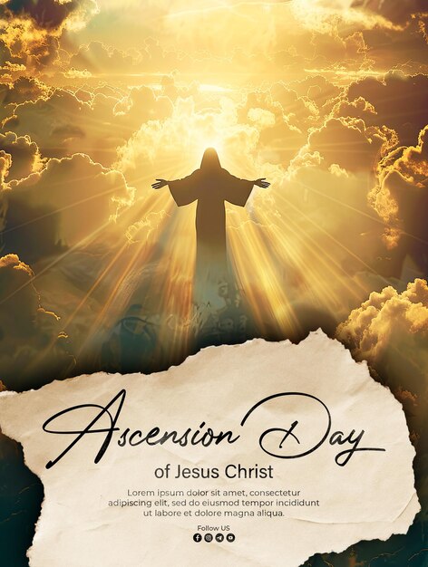 PSD poster of the ascension of jesus christ with a shining silhouette in the clouds background