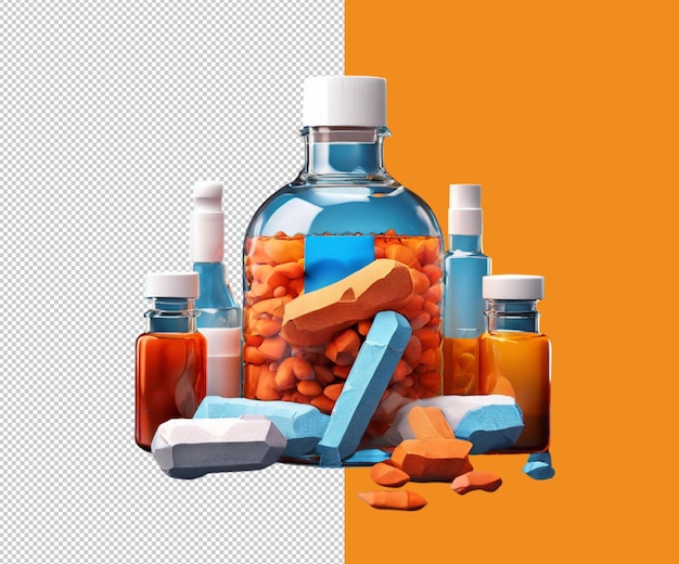 PSD a poster of orange pills and a bottle of medicine with a blue bottle of pills