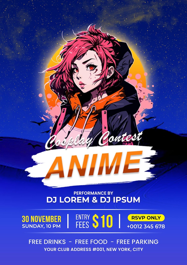 PSD poster over een cosplay-avondfeest met een anime-vrouw