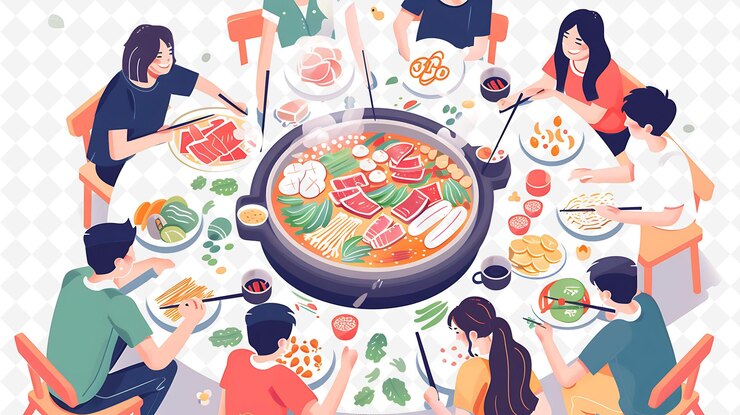 PSD 음식과 함께 테이블에 앉아있는 남녀의 사진과 함께 식사를하는 사람들의 포스터
