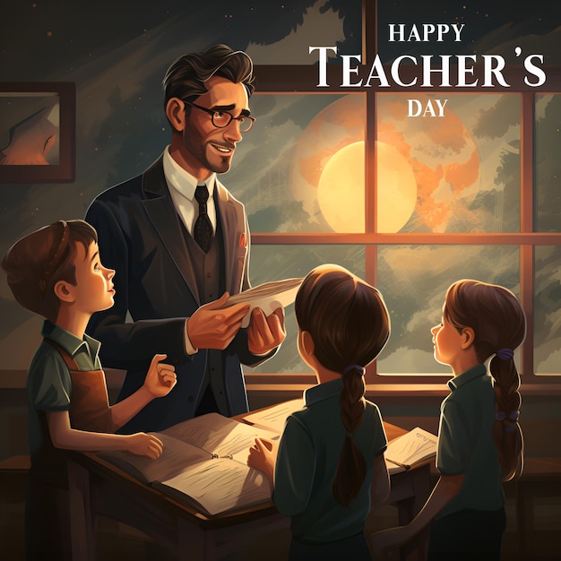 PSD poster psd happy teacher's day z zdjęciem nauczyciela uczącego swoich uczniów w klasie