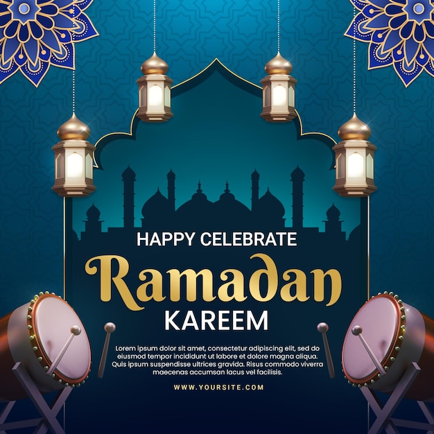 Плакат для фестиваля рамадан с часами и синим фоном.