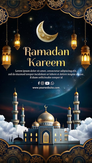 A poster for ramadan kareem featuring a mosque and a crescent moon