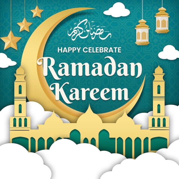 Un poster per ramadan kareem con uno sfondo blu e una luna e stelle.