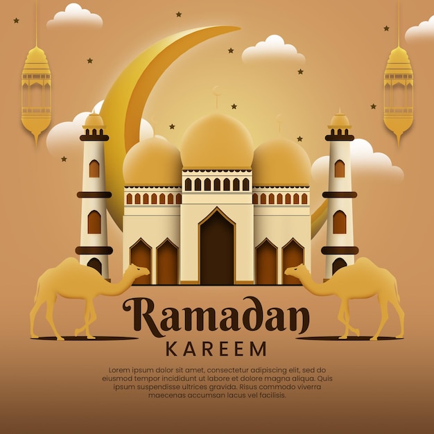 A poster for ramadan kareem with camels and clouds.