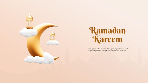 A poster for ramadan kareem with a crescent moon and a few small lanterns.