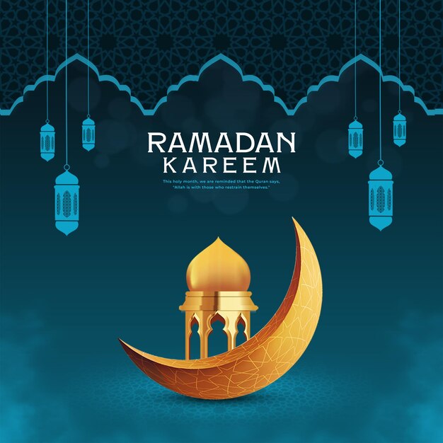 PSD un poster per ramadan kareem con uno sfondo oro e blu.