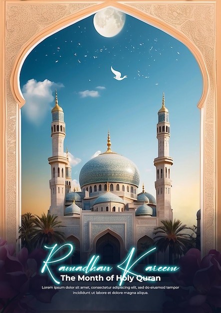 PSD un poster per ramadan kareem con uno sfondo verde e un testo dorato che dice ramadan.