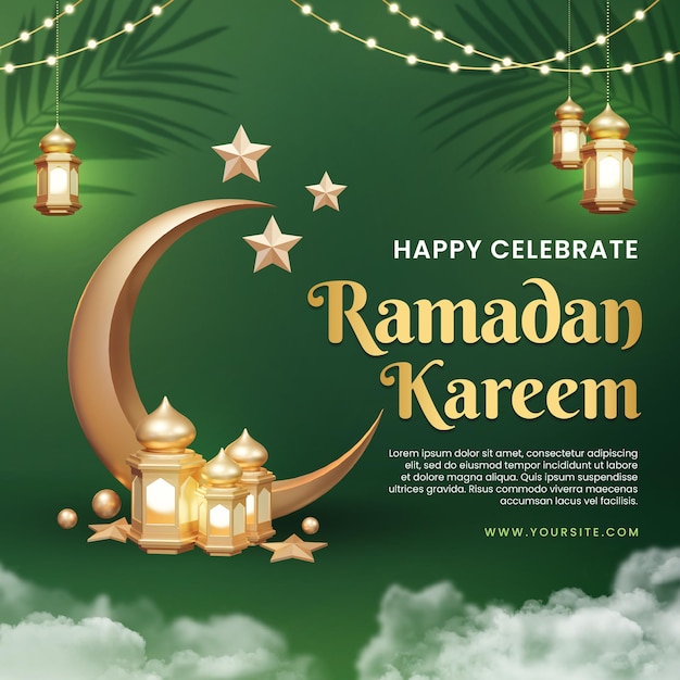 A poster for ramadan kareem with a green background and lights and a banner for ramadan.