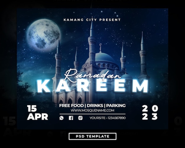 Un poster per ramadan kareem con sopra l'immagine di una moschea.