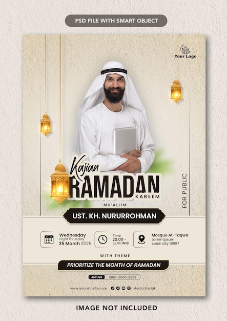 A poster for ramadan talk social media with a religious teacher as speaker