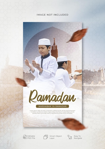 PSD a poster for ramadan with a picture of a boy make a pray