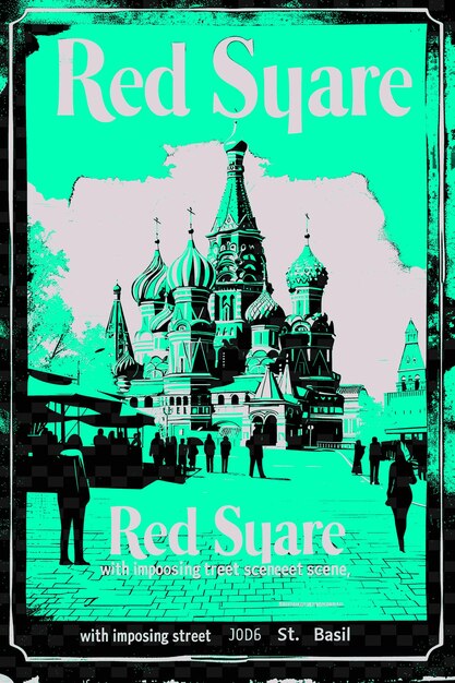 Un poster per una piazza rossa di fronte a un edificio con un'immagine di un edificio sullo sfondo