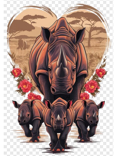 PSD a poster for a rhinoceros with flowers and a picture of a horse