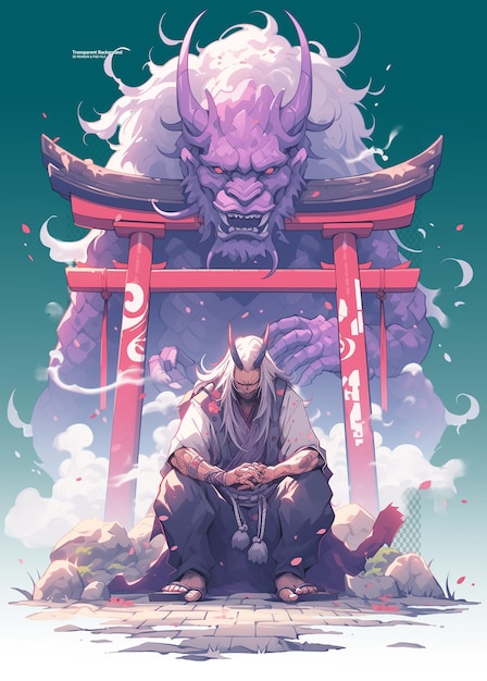 A poster for a samurai sitting on a hill with a dragon in the background