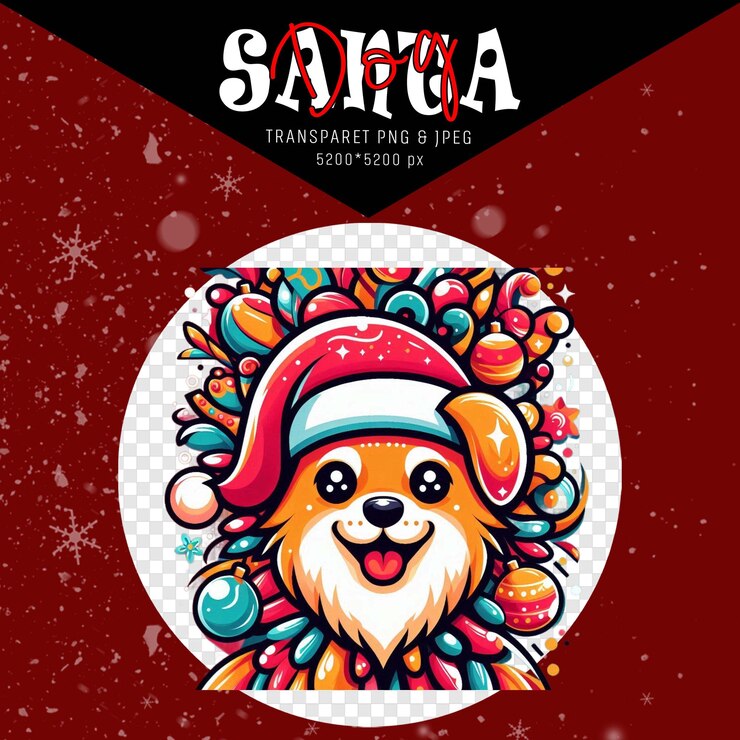 PSD a poster for santa fe train with a dog in a santa hat