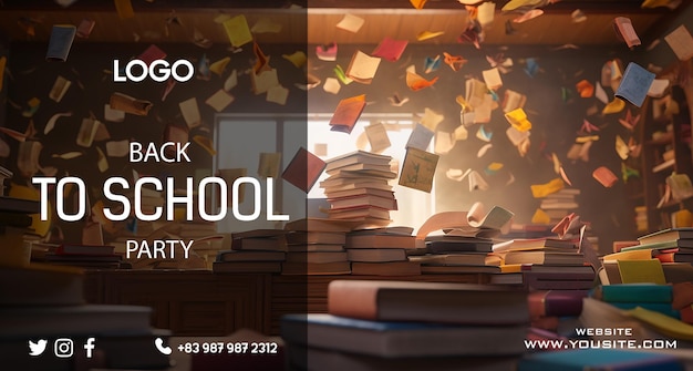 A poster for a school party with a stack of books and a banner that says back to school.