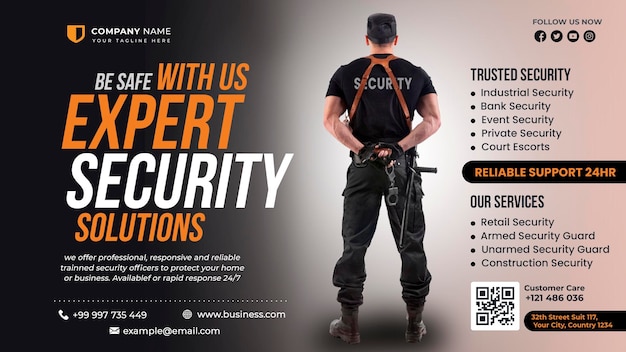 a poster for a security guard with a man wearing a black shirt and a black shirt