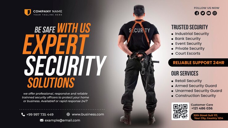 PSD a poster for a security guard with a man wearing a black shirt and a black shirt