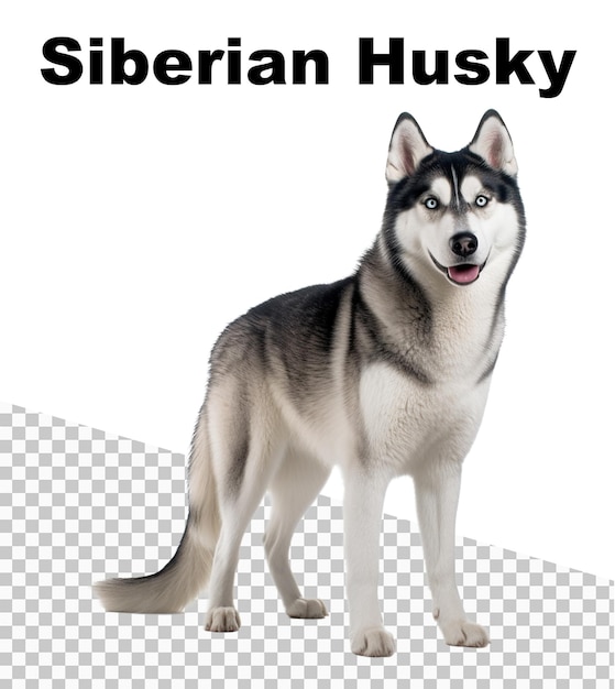 PSD un poster di un siberian husky con uno sfondo trasparente e le parole siberian husky sopra di esso