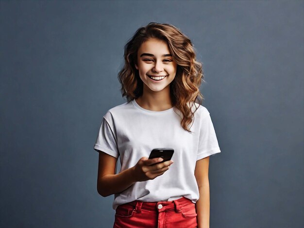 PSD poster of smiling teenage woman standing wearing tshirt using smart phone