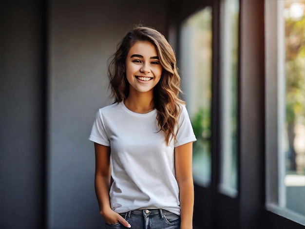 PSD poster di una donna adolescente sorridente che indossa una maglietta usando uno smartphone