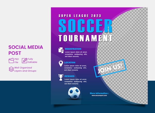 Poster for a soccer tournament with purple and blue background copy space image