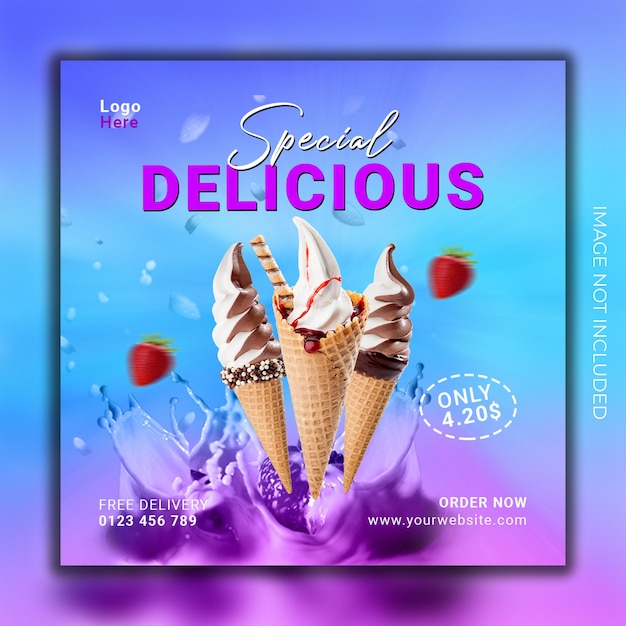 PSD un poster per una deliziosa gelateria speciale.
